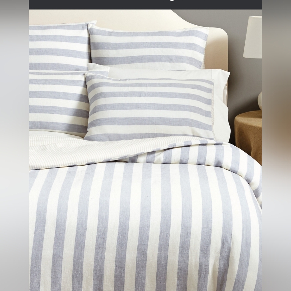 BALLARD DESIGNS King Duvet Riviera Linen Blue & Beige Stripe Duvet + Sham - Picture 2 of 6
